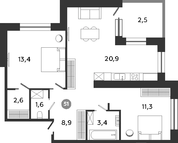 Планировка: Евротрёшка 62,1 м² в ЖК «Графская слобода в Песках»