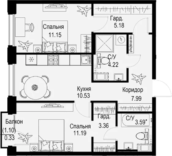 Планировка: 2-комнатная квартира 57,2 м² в ЖК «ID Petrogradskaya»