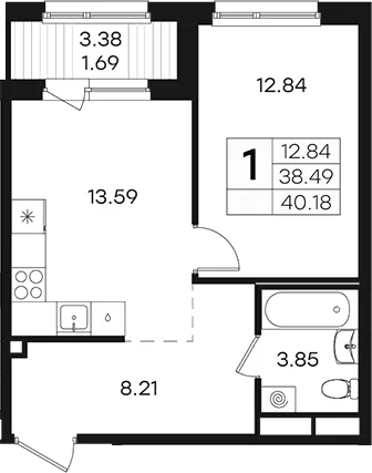 Планировка: 1-комнатная квартира 38,5 м² в ЖК «Парголово»