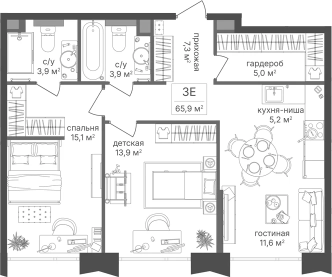 Планировка: Евротрёшка 65,9 м² в ЖК «Петровский Парк II»