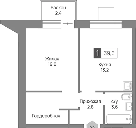 Планировка: 1-комнатная квартира 38,6 м² в ЖК «Отрада 3»