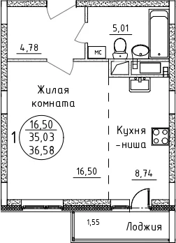 Планировка: Студия 35 м² в ЖК «Дом Союзов»