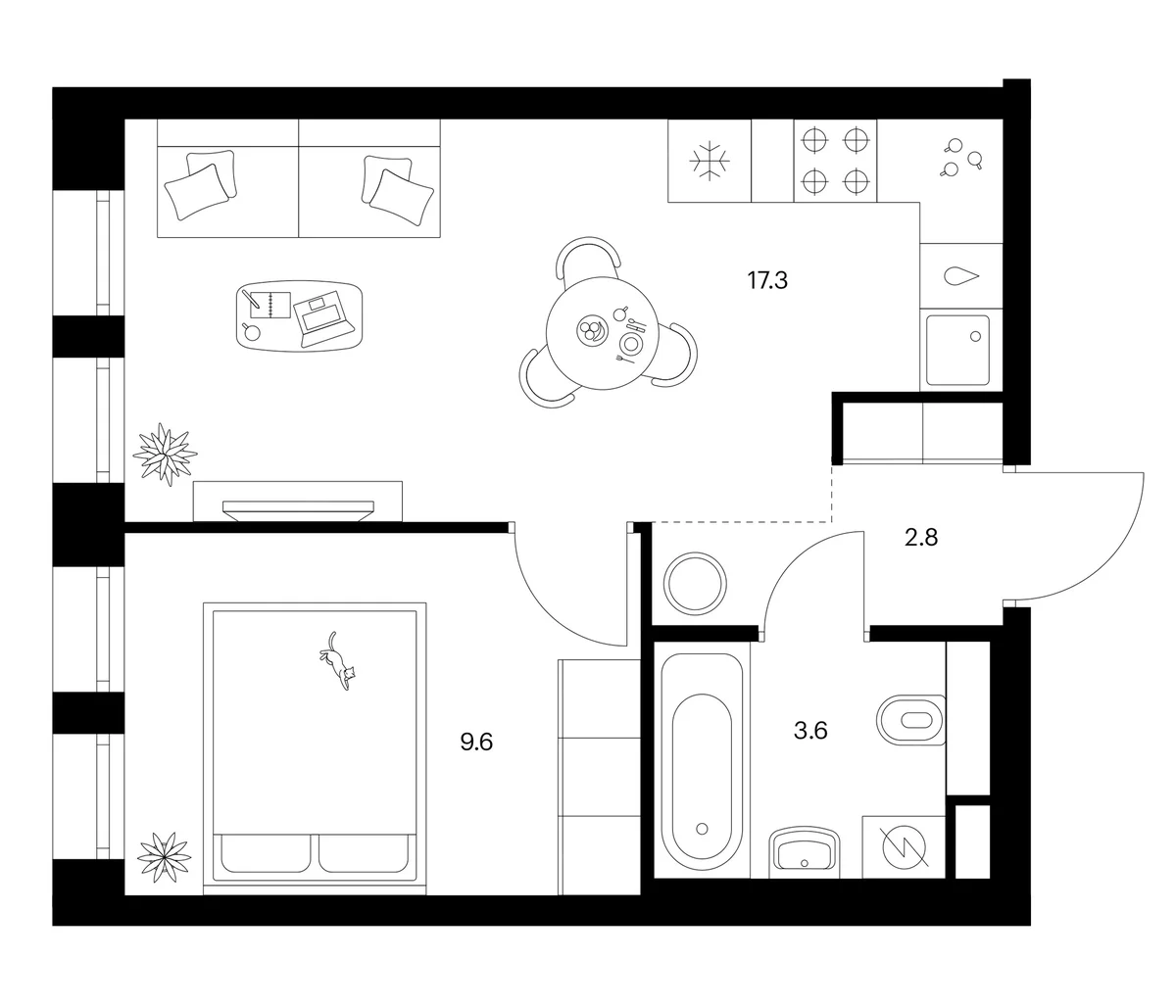 Планировка: 1-комнатная квартира 33,3 м² в ЖК «Москворечье»