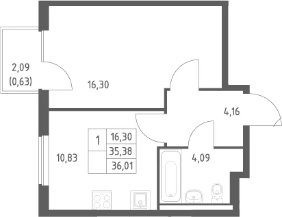 Планировка: 1-комнатная квартира 35,4 м² в ЖК «Горки Парк»