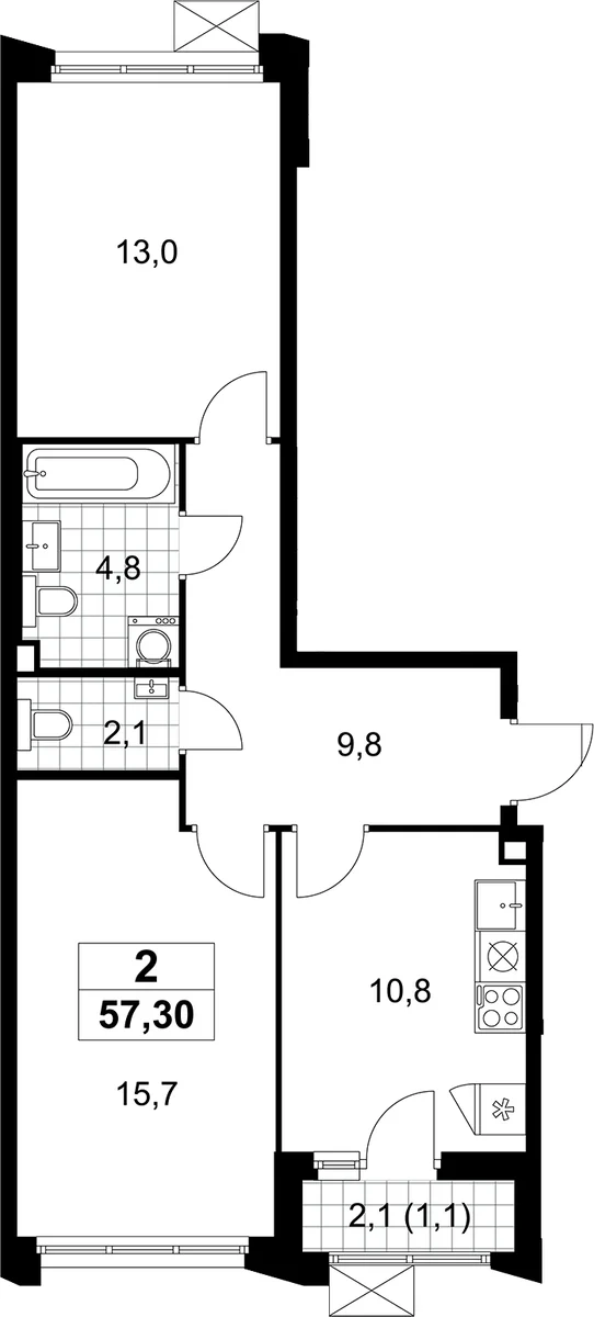 Планировка: 2-комнатная квартира 56,2 м² в ЖК «Деснаречье»