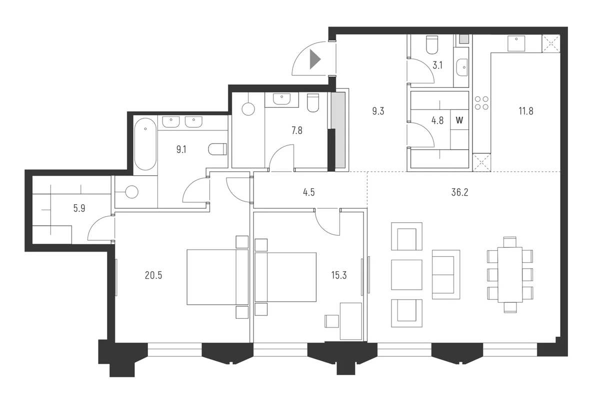 Планировка: Евротрёшка 128,3 м² в ЖК «Веспер Кутузовский»