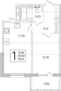 Планировка: Евродвушка 40,5 м² в ЖК «ЮгТаун. Олимпийские кварталы»