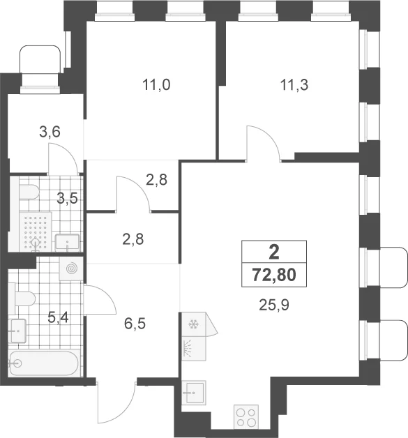 Планировка: Евротрёшка 72,8 м² в ЖК «Деснаречье»