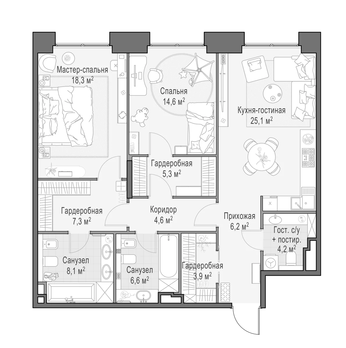 Планировка: Евротрёшка 105,3 м² в ЖК «Квартал Life Time»
