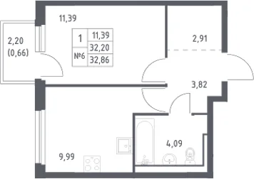 Планировка: 1-комнатная квартира 32,2 м² в ЖК «Невская Долина»