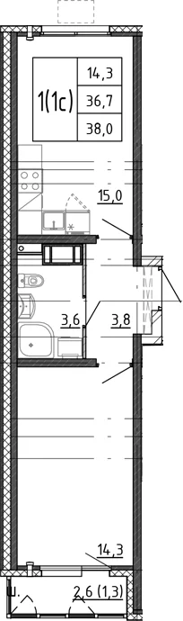 Планировка: Евродвушка 36,7 м² в ЖК «Ручьи 2»