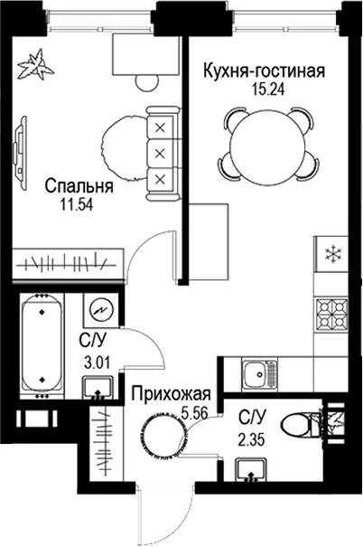 Планировка: Евродвушка 37,7 м² в ЖК «ID Petrogradskaya»