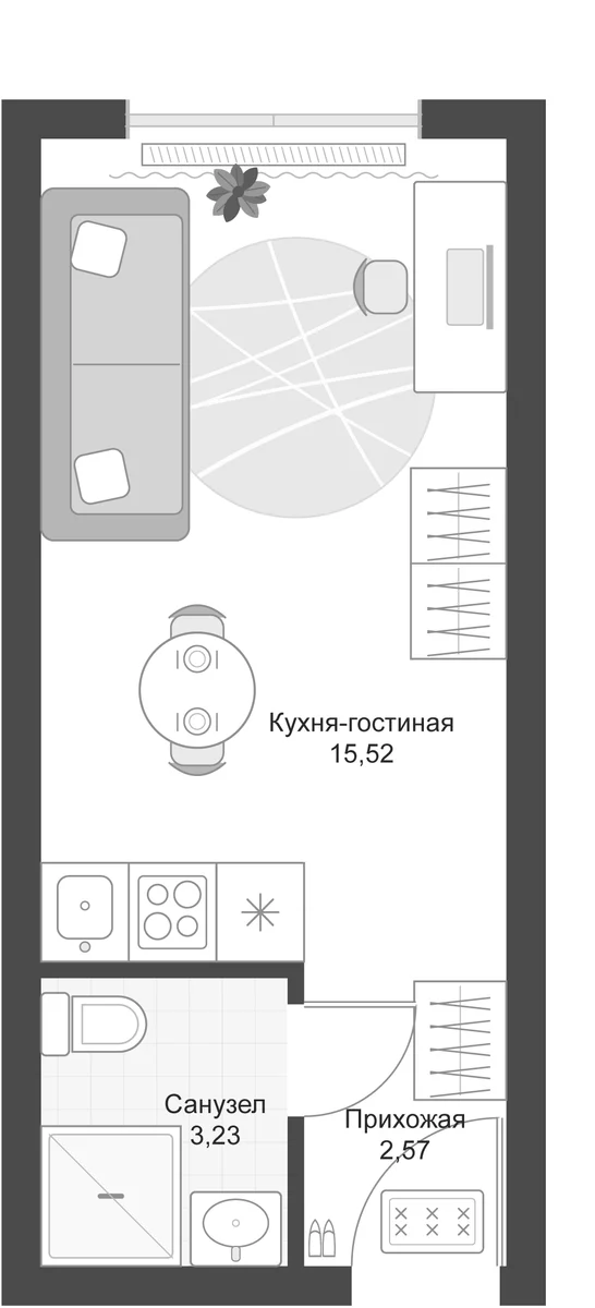 Планировка: Студия 21,3 м² в ЖК «Апарт-комплекс Первый Зеленый»