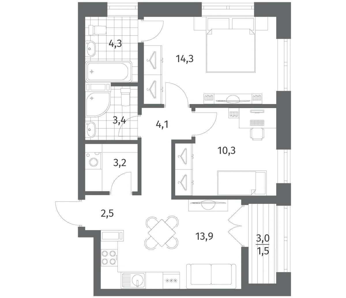 Планировка: 2-комнатная квартира 55,9 м² в ЖК «Новый Питер»