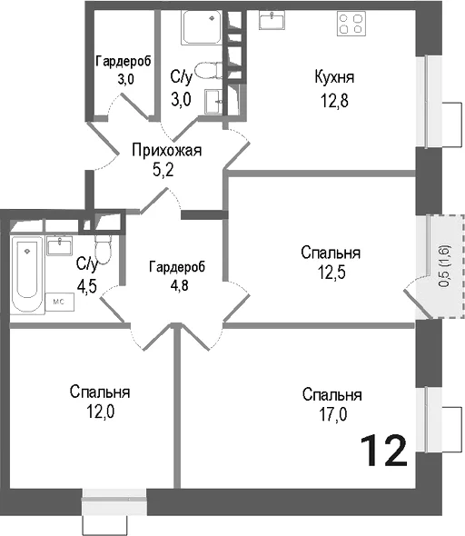 Планировка: 3-комнатная квартира 74,8 м² в ЖК «Киноквартал»