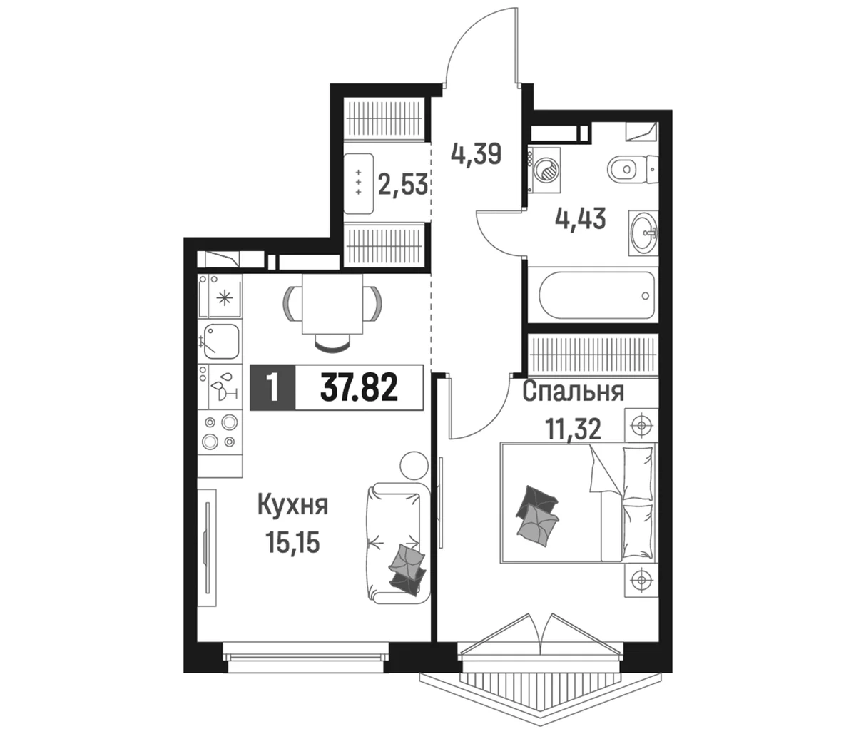 Планировка: Евродвушка 37,8 м² в ЖК «Максималист»