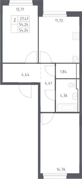 Планировка: 2-комнатная квартира 54,2 м² в ЖК «Прибрежный Парк»