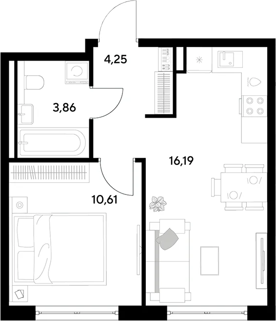 Планировка: Евродвушка 34,9 м² в ЖК «Космопарк»