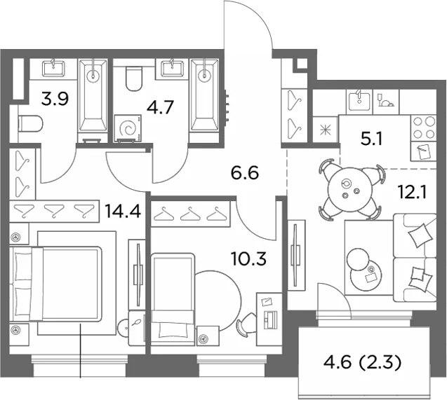 Планировка: Евротрёшка 57,1 м² в ЖК «Станиславский»