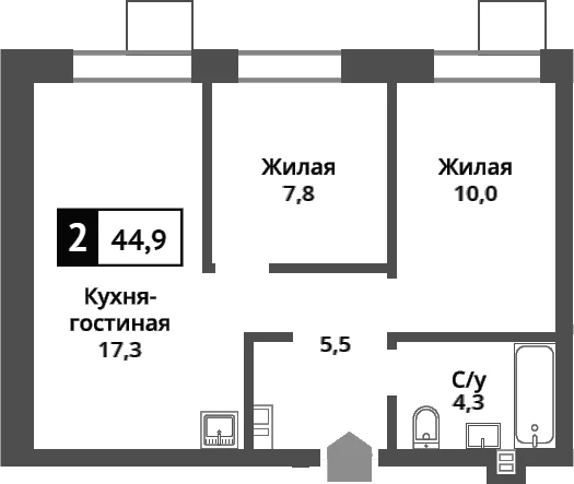 Планировка: Евротрёшка 44,9 м² в ЖК «Никольский квартал Отрада»