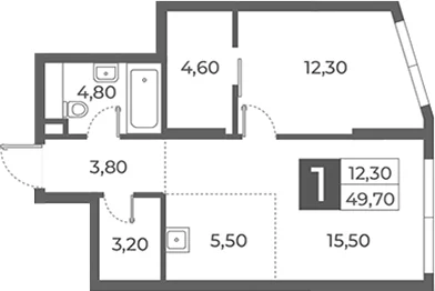 Планировка: 1-комнатная квартира 49,7 м² в ЖК «Даниловский от Гранель»