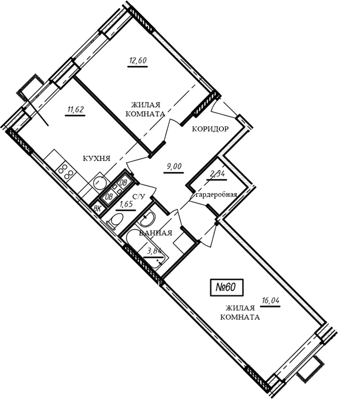 Планировка: 2-комнатная квартира 57,1 м² в ЖК «Краснофлотский»