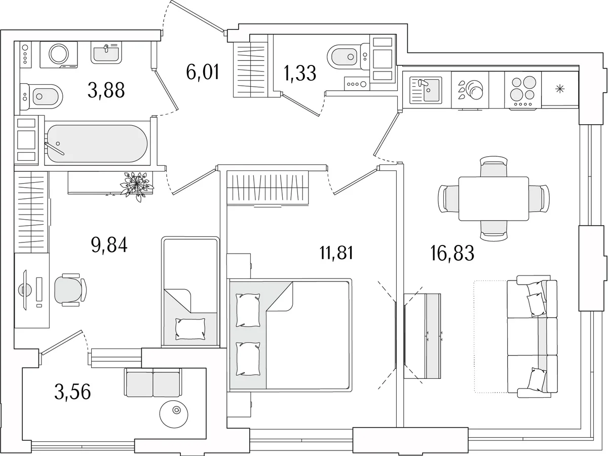 Планировка: Евротрёшка 49,7 м² в ЖК «Гранат»