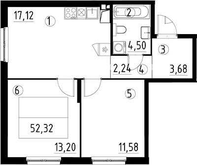 Планировка: Евротрёшка 52,3 м² в ЖК «А101 Лаголово»