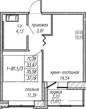 Планировка: 1-комнатная квартира 34 м² в ЖК «Уютный Новоселье»