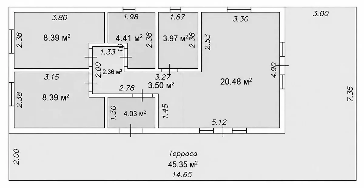 Планировка: Коттедж 55,5 м² в ЖК «Коттеджный поселок Савода»