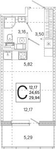 Планировка: Студия 24,7 м² в ЖК «ЮгТаун. Олимпийские кварталы»