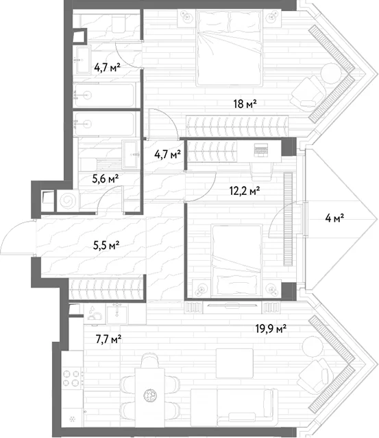 Планировка: Евротрёшка 75,4 м² в ЖК «С5»