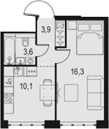 Планировка: 1-комнатная квартира 33,9 м² в ЖК «Левел Южнопортовая»