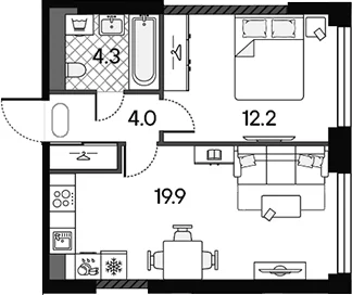 Планировка: Евродвушка 40,4 м² в ЖК «МАРК»