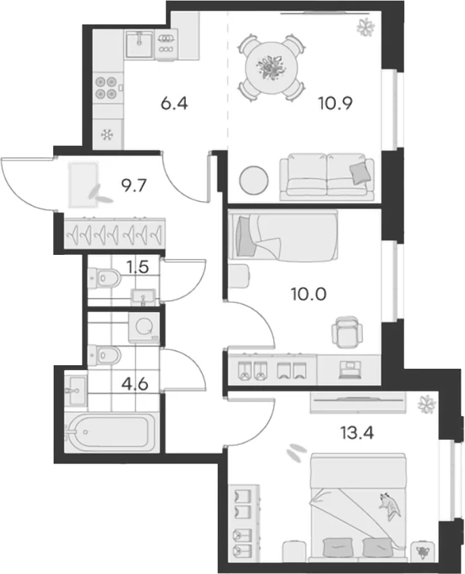 Планировка: Евротрёшка 56,5 м² в ЖК «Михалевич»