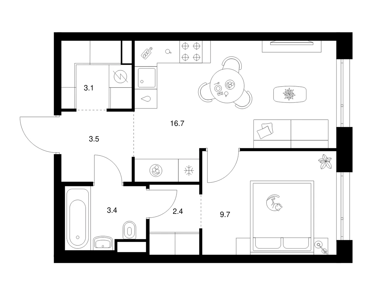 Планировка: 1-комнатная квартира 38,8 м² в ЖК «2-й Иртышский»