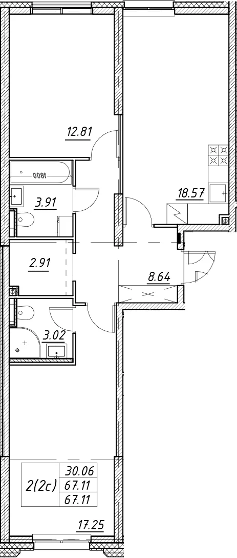 Планировка: Евротрёшка 67,3 м² в ЖК «Цивилизация на Неве»