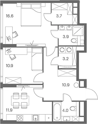 Планировка: 2-комнатная квартира 65,1 м² в ЖК «ЛОТ от Аквилон»