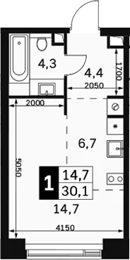 Планировка: Студия 30,1 м² в ЖК «Амбер Сити»
