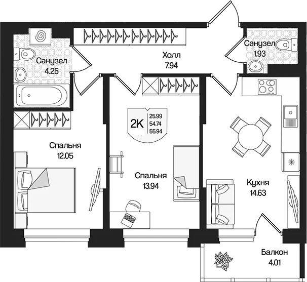 Планировка: 2-комнатная квартира 54,7 м² в ЖК «Охтинские высоты»