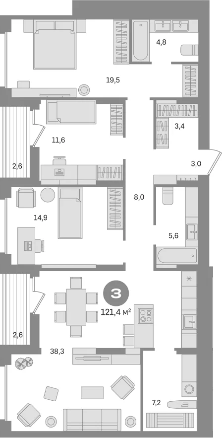 Планировка: 3-комнатная квартира 116,2 м² в ЖК «Первый квартал. Вторая очередь»
