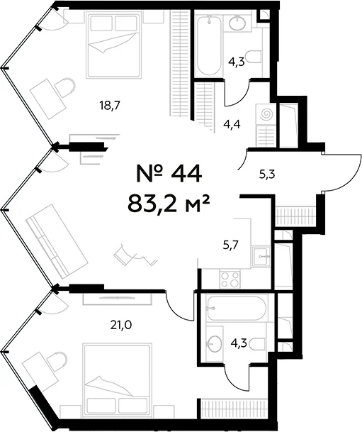 Планировка: Евротрёшка 83,2 м² в ЖК «Монблан»