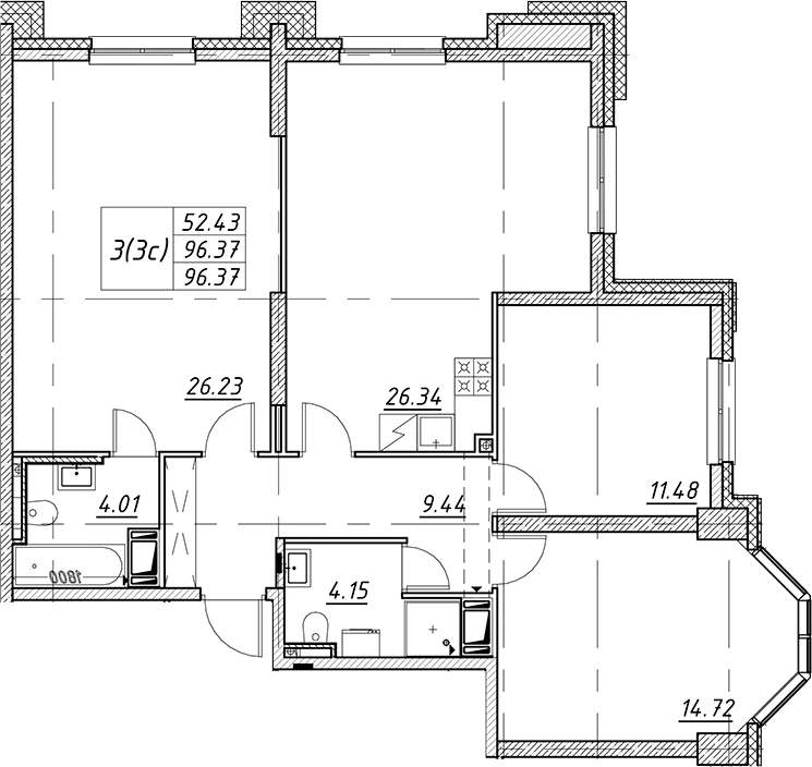 Планировка: Квартира евро-4 96,4 м² в ЖК «Цивилизация на Неве»