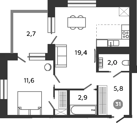 Планировка: Евродвушка 41,7 м² в ЖК «Графская слобода в Песках»