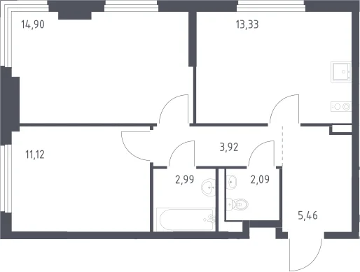 Планировка: 2-комнатная квартира 53,8 м² в ЖК «Пригород Лесное»