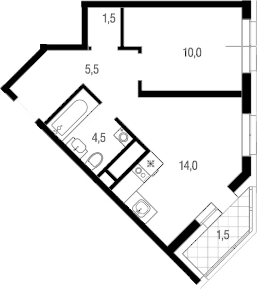 Планировка: 1-комнатная квартира 35,5 м² в ЖК «Котельники парк»