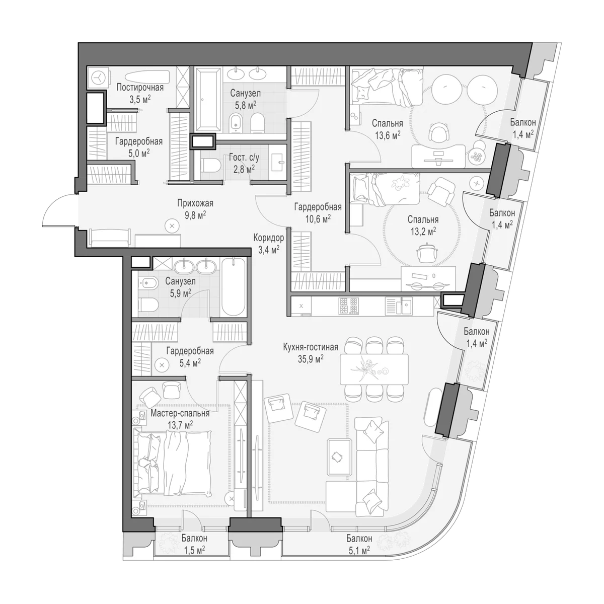 Планировка: Квартира евро-4 131 м² в ЖК «Квартал Тишинский бульвар»