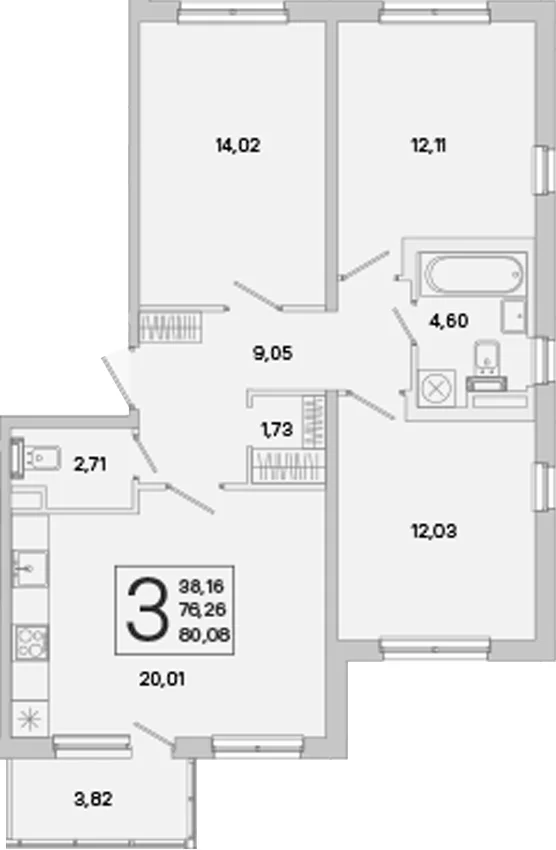 Планировка: 3-комнатная квартира 76,3 м² в ЖК «ЮгТаун. Олимпийские кварталы»