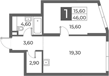 Планировка: 1-комнатная квартира 46 м² в ЖК «Даниловский от Гранель»