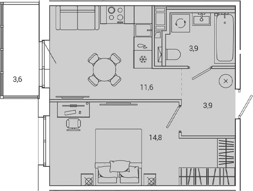 Планировка: 1-комнатная квартира 34,3 м² в ЖК «ОКЛА»